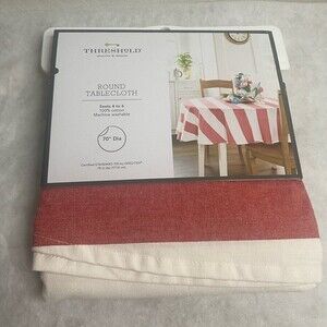 NEW Red Stripes Round Tablecloth 70” diameter Holiday Farmhouse Rustic Home